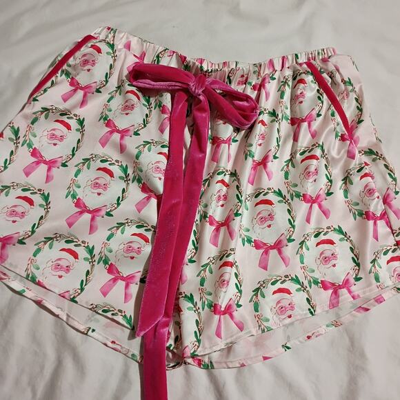 Christmas Shorty Set Santa Pink Bows Silky Soft Look Unworn 3/4-Ruffled-Sleeves - Picture 5 of 11